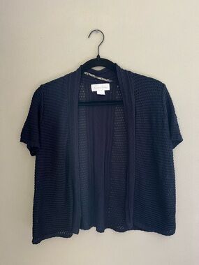 Fashion Avenue Vintage Black Open Front Open Weave Knit Cardigan Short Sleeve